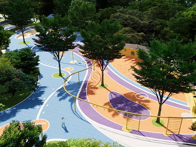 Residential Landscape Design With Colorful Playground Trees Curved Paths And Facilities 3d model