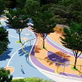 Residential Landscape Design With Colorful Playground Trees Curved Paths And Facilities