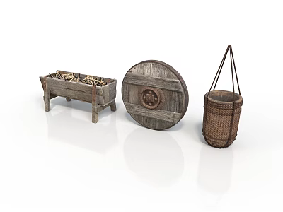 Rustic Vintage Decorative Items Including Wooden Wheel Wicker Basket And Legged Frame 3d model