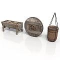 Rustic Vintage Decorative Items Including Wooden Wheel Wicker Basket And Legged Frame