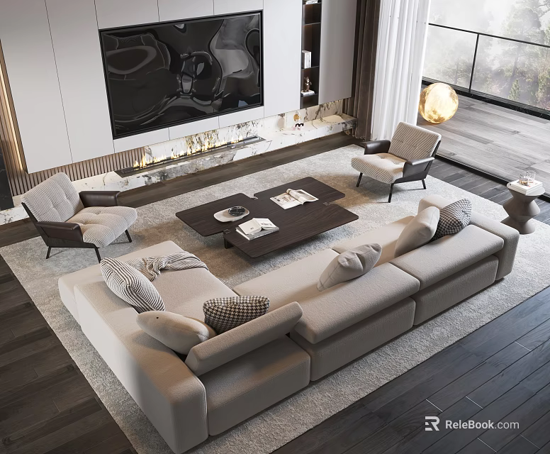 Modern Light Beige Sofa And Dark Wooden Coffee Table Set With Magazines And Armchairs 3d model 
