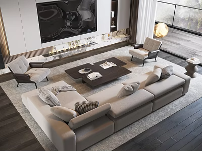 Modern Light Beige Sofa And Dark Wooden Coffee Table Set With Magazines And Armchairs 3d model