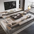 Modern Light Beige Sofa And Dark Wooden Coffee Table Set With Magazines And Armchairs