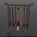 Traditional Wooden Brush Rack With Carved Design And Hanging Brushes