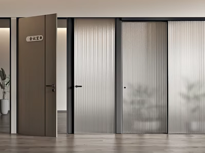 Modern Interior With Brown Hinged Door And Glass Sliding Doors Featuring Vertical Stripes 3d model
