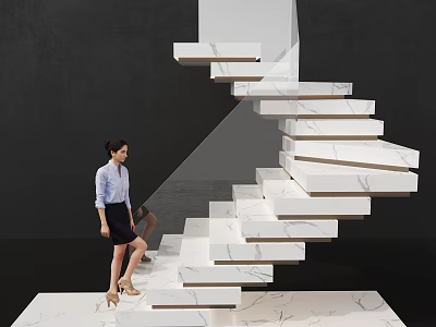 White Marble Floating Staircase With Dark Wall Background And Woman Ascending 3d model