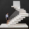 White Marble Floating Staircase With Dark Wall Background And Woman Ascending