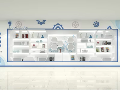 School Science Display Area With White Shelves And Gear Wall Decorations 3d model