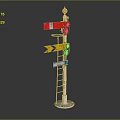 Railroad Signal Pole With Red Yellow Lights Directional Arrow And Metal Ladder