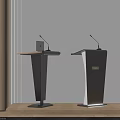 Two Black Podiums With Microphones On Light Wall And Wooden Decor