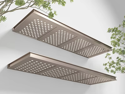 Modern Metal Sunshades with Perforated Panels Mounted on White Wall and Green Tree Branches 3d model