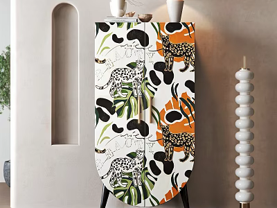 Modern Entryway Cabinet Sideboard With Animal Print Leaf Pattern And Decorative Items 3d model
