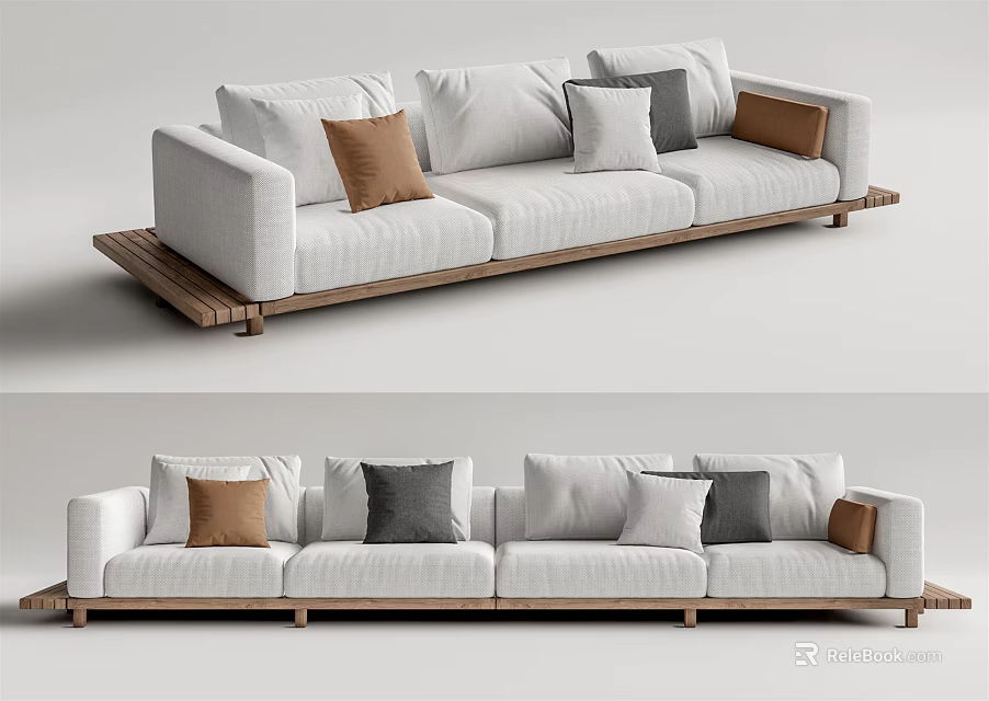 Modern White Sofa Set With Brown And Gray Cushions And Wooden Base 3d model 