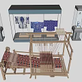 Vintage Wooden Loom Industrial Equipment With Glass Display Case Fabrics And Decorative Statues