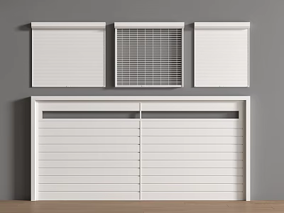 White Interior Shutters And Grille Door Design With Gray Wall And Wooden Floor 3d model
