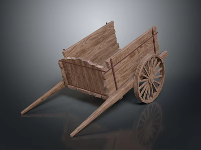 Vintage Wooden Cart Design With Rustic Frame Spoked Wheels And Support Poles 3d model