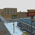 Cartoon Town Scene With Colorful Buildings Streets Street Lamps And Bus Stop