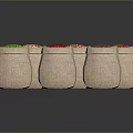 Several Burlap Sacks Filled with Assorted Colored Food Grains on Dark Reflective Surface