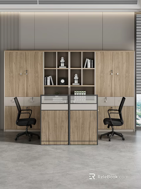 Modern Wooden Double Workstation Office Desk With Storage Cabinets Bookshelves Ergonomic Chairs And Potted Plant 3d model 