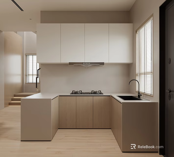 Modern Kitchen Interior With White Cabinets Light Countertop Gas Stove Sink And Wooden Flooring 3d model 