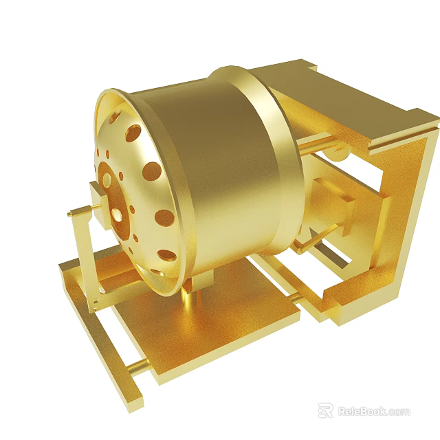 Golden Mechanical Cylindrical Drum With Holes On Metal Support Frame Structure 3d model 