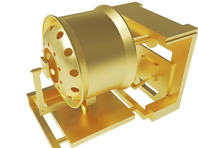 Golden Mechanical Cylindrical Drum With Holes On Metal Support Frame Structure 3d model