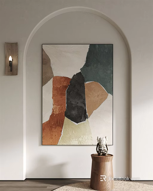 Abstract Painting On Arched Wall With Wall Sconce And Small Decor 3d model