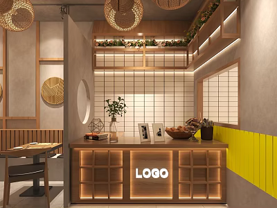 Modern Mall Store Interior With Rattan Pendant Lights Wooden Elements Green Plants And White Tile Walls 3d model