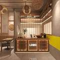 Modern Mall Store Interior With Rattan Pendant Lights Wooden Elements Green Plants And White Tile Walls