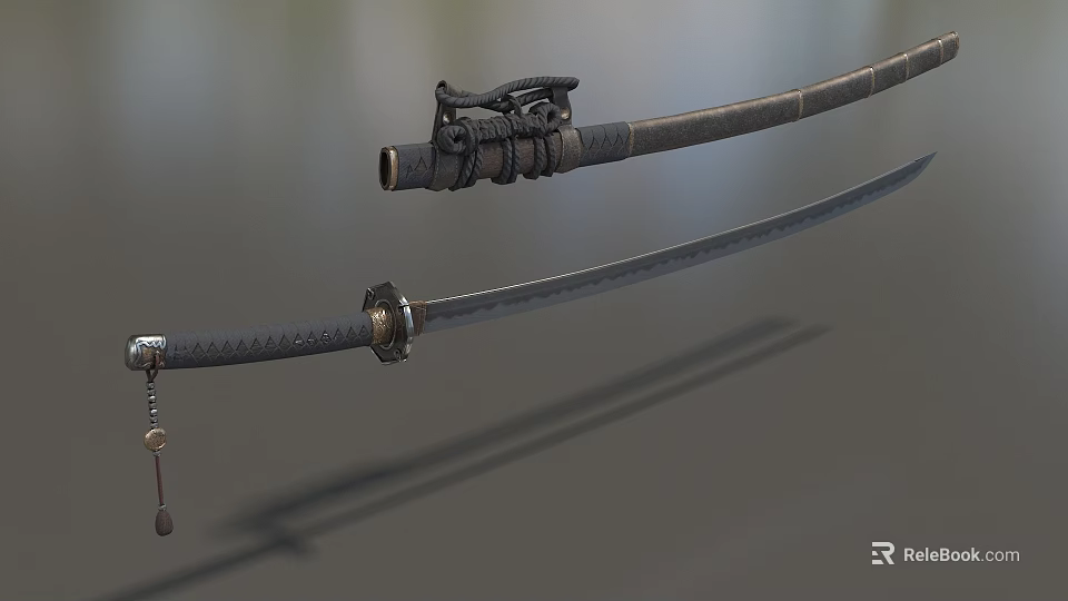 Traditional Samurai Sword With Ornate Handle And Black Scabbard Design 3d model 