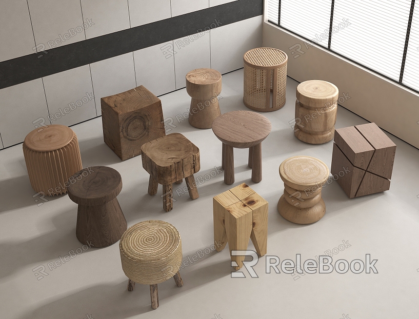 Solid Wood Stool Round Stool Tree Stump Stool Solid Wood Stool Tea Stool Wooden Stool Old Wood Silent Wind Bench model