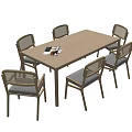 Modern Rectangular Dining Table Set With Six Woven Backrest Chairs And Blue Cushions 3d model