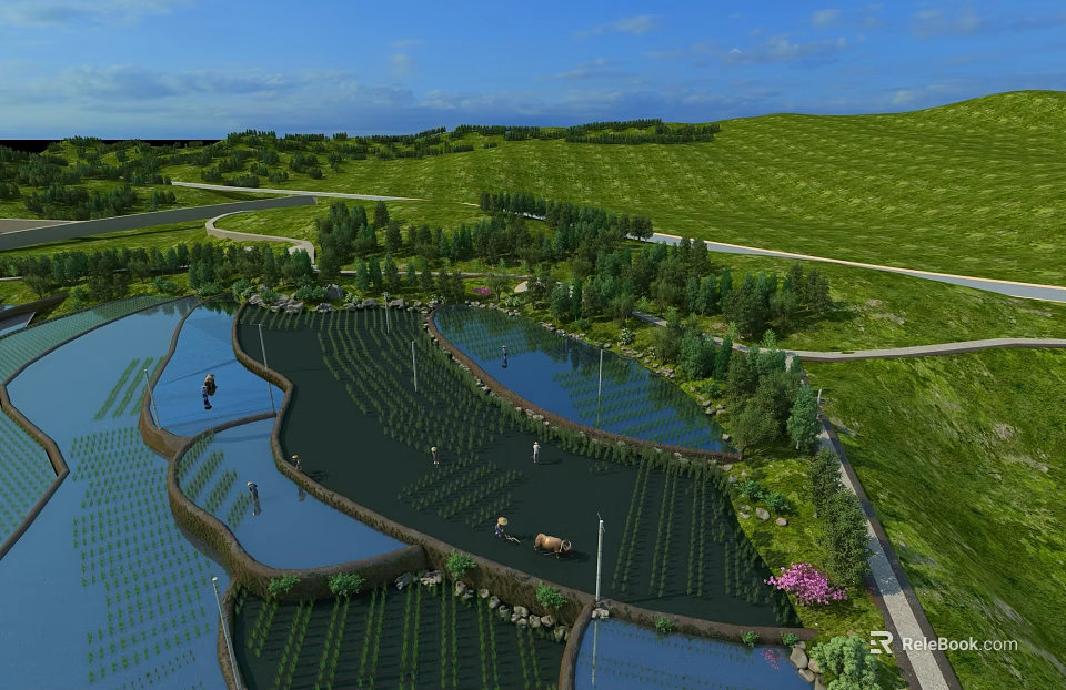Picturesque Rural Countryside Landscape With Green Fields Ponds Trees And Winding Paths 3d model 