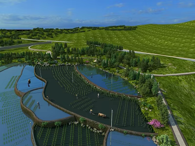 Picturesque Rural Countryside Landscape With Green Fields Ponds Trees And Winding Paths 3d model