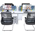 Modern Office Desk Setup With Computer Monitors Ergonomic Black Chairs And Books