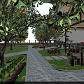 Kindergarten Outdoor Play Area with Orange Trees Green Leaves Sunlight Pathway and Colorful Toys