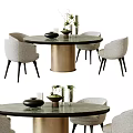 Modern Round Dining Table Set With Upholstered Chairs Metal Legs And Tabletop Decorative Items 3d model