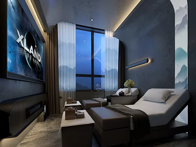 Modern SPA Sauna Interior With Large Windows Loungers TV And Mountain Murals 3d model
