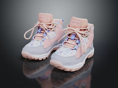 Cute Pink High Top Children's Shoes With Patterned Design And White Sole 3d model