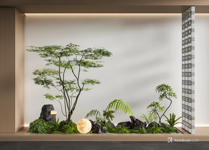 Lush Indoor Landscape With Green Trees Ferns Rocks Moon Decoration And Soft Lighting 3d model 