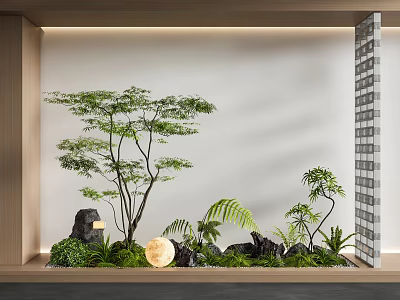 Lush Indoor Landscape With Green Trees Ferns Rocks Moon Decoration And Soft Lighting 3d model