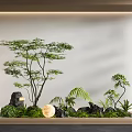 Lush Indoor Landscape With Green Trees Ferns Rocks Moon Decoration And Soft Lighting
