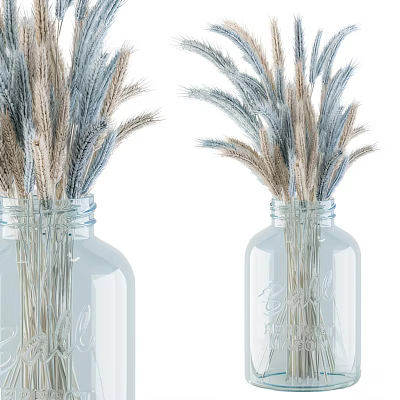 Minimalist Decorative Ornament Set With Clear Glass Bottles And Dried Pampas Grass 3d model