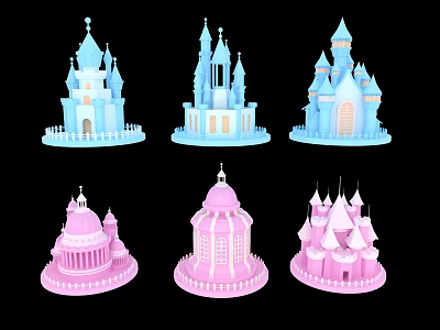 Cartoon Fairy Tale Castle Scenes With Blue Pink Towers Spires And Domes 3d model