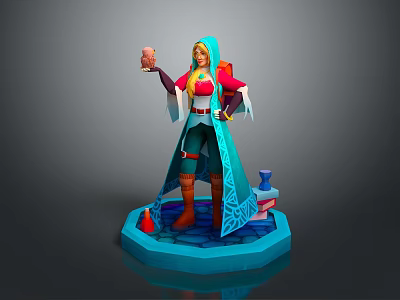 Game Movie Character With Blonde Hair Blue Cloak Holding Pink Object On Blue Hexagonal Base 3d model