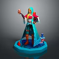 Game Movie Character With Blonde Hair Blue Cloak Holding Pink Object On Blue Hexagonal Base