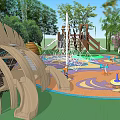 Outdoor Children's Playground With Climbing Structure Slides Colorful Ground And Greenery