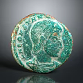 Vintage Coin Shaped Jewelry Piece With Green Patina And Engraved Portrait Design