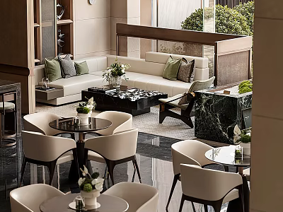 Modern Elegant Lounge Area With Comfortable Sofa Coffee Tables Chairs And Green Plants 3d model