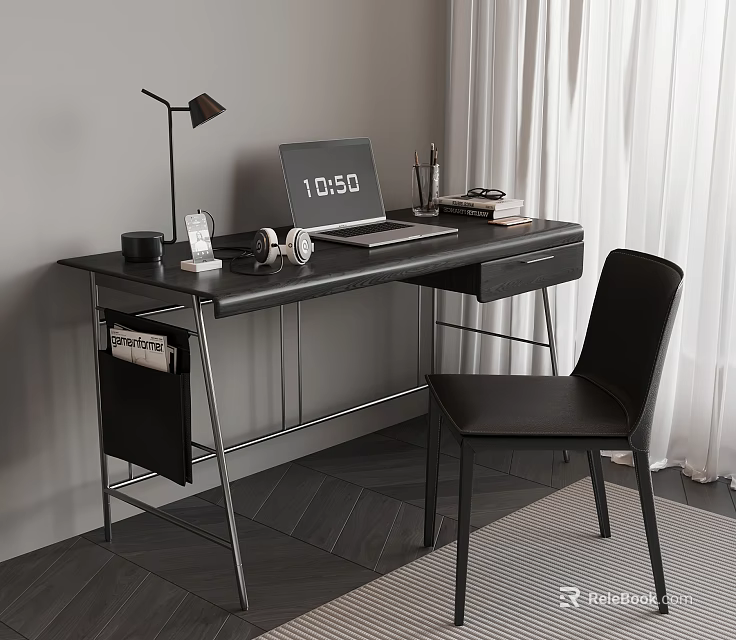 Modern Black Desk with Metal Frame Laptop Table Lamp Books and Chair 3d model 